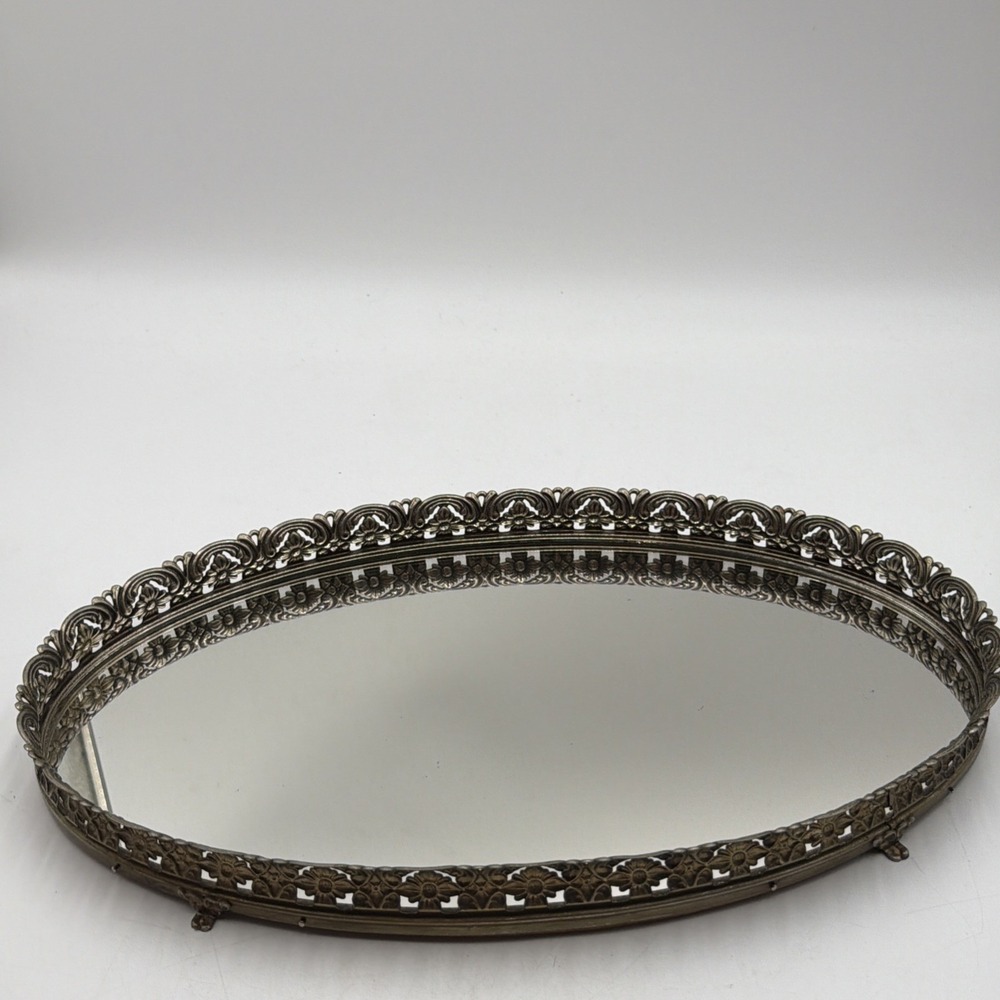 Vintage Oval Mirrored Vanity Tray Gold Filigree Floral Hollywood Regency 16 X 10